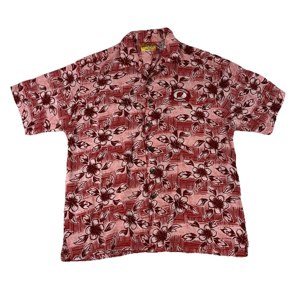 Vintage Spike Hawaiian Shirt Mens XL‎ Wisconsin Badgers Floral Hibiscus Rayon